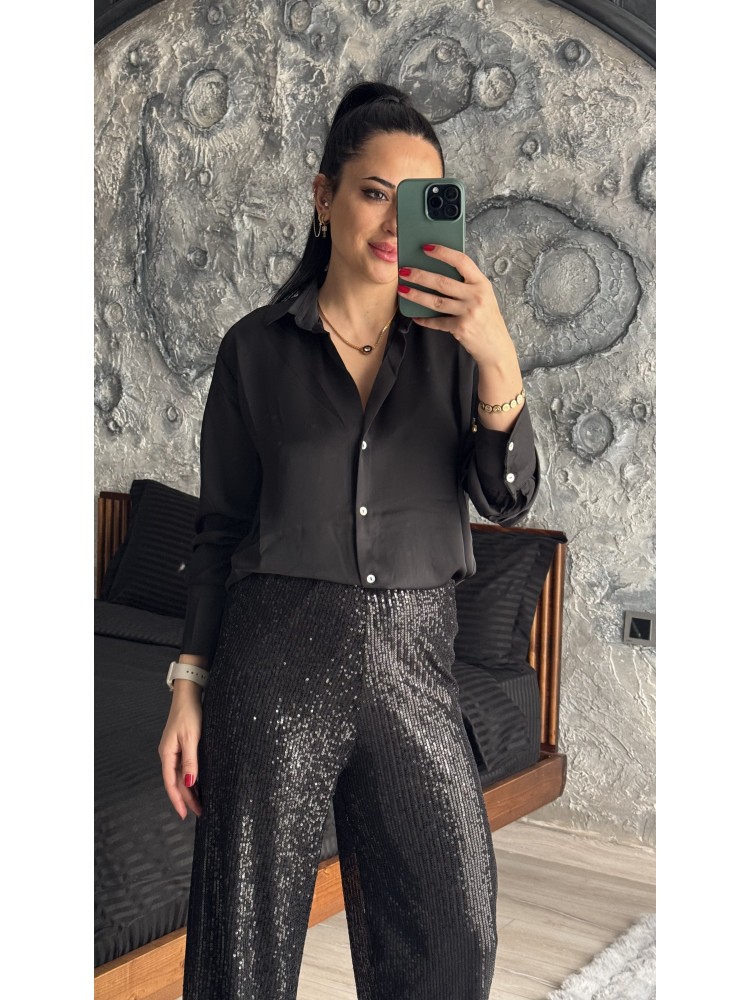 Pervin Çelik Kadın Premium Kalite Siyah Saten Gömlek