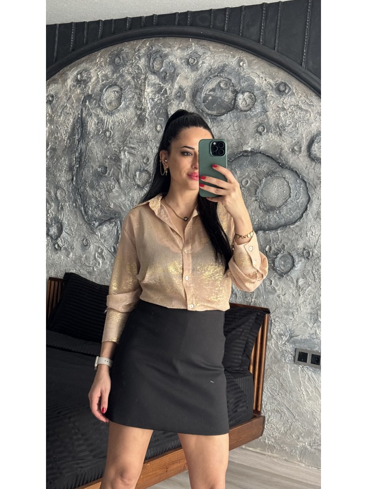 Pervin Çelik Kadın Premium Kalite Kahve Gold Detaylı Şifon Gömlek