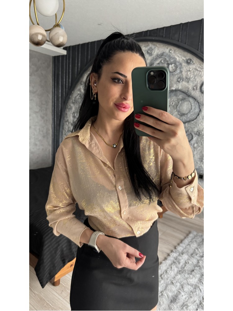 Pervin Çelik Kadın Premium Kalite Kahve Gold Detaylı Şifon Gömlek
