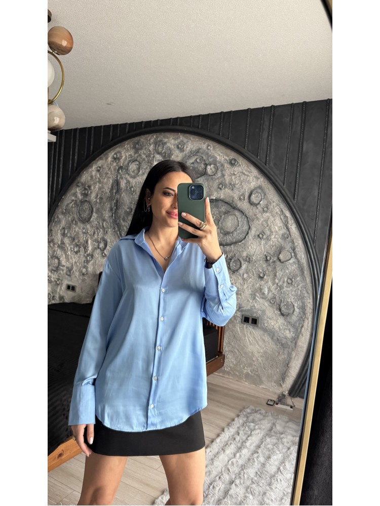 Pervin Çelik Kadın Premium Kalite Bebe Mavisi Açık Yaka Saten Gömlek
