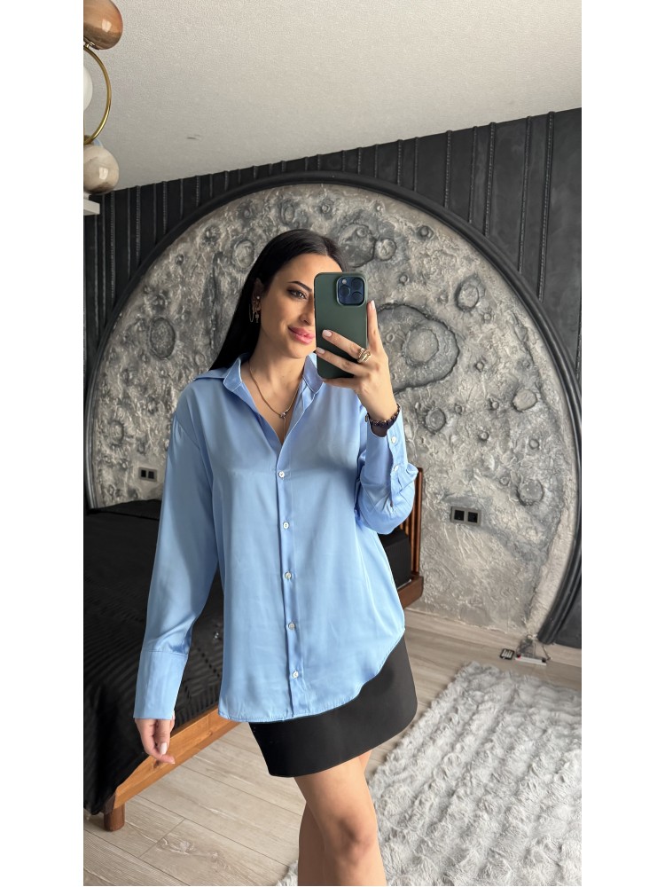 Pervin Çelik Kadın Premium Kalite Bebe Mavisi Açık Yaka Saten Gömlek