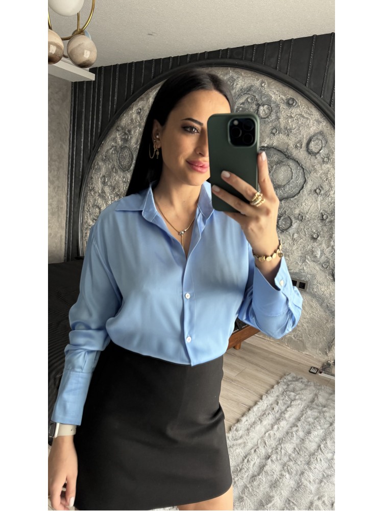 Pervin Çelik Kadın Premium Kalite Bebe Mavisi Açık Yaka Saten Gömlek