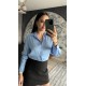 Pervin Çelik Kadın Premium Kalite Bebe Mavisi Açık Yaka Saten Gömlek