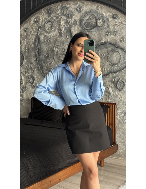 Pervin Çelik Kadın Premium Kalite Bebe Mavisi Açık Yaka Saten Gömlek