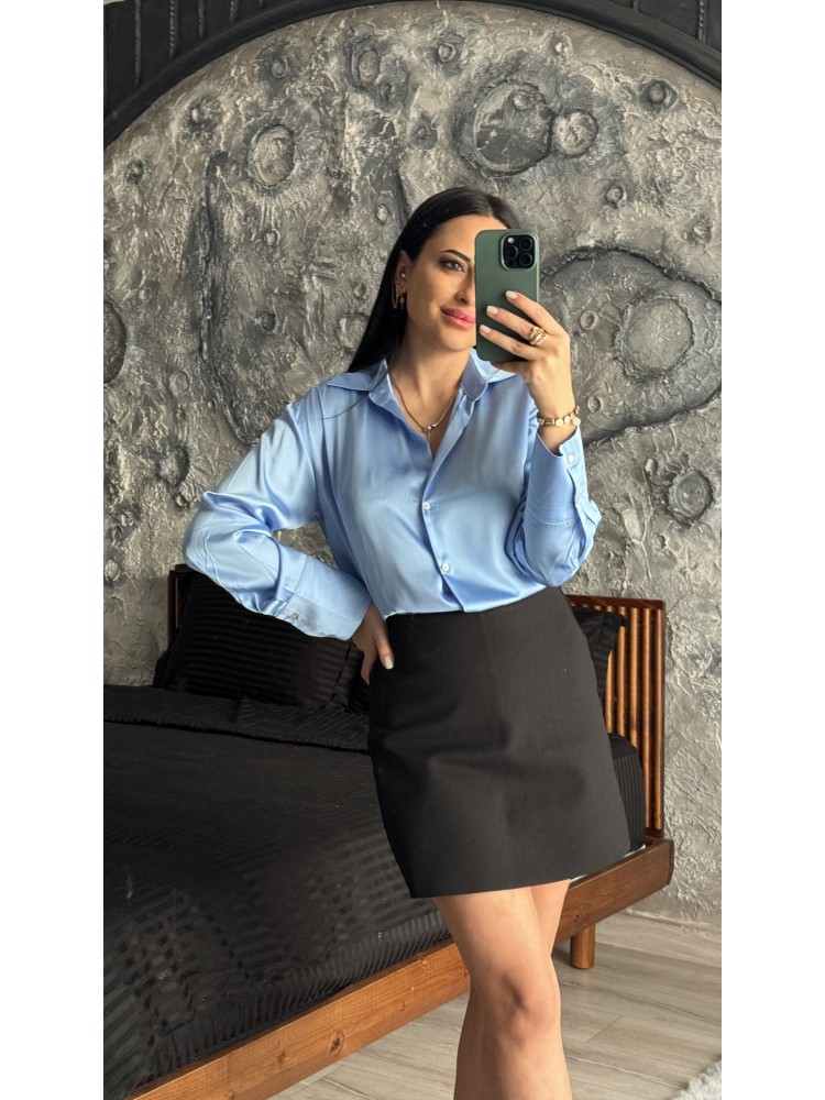Pervin Çelik Kadın Premium Kalite Bebe Mavisi Açık Yaka Saten Gömlek