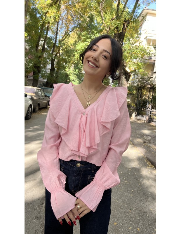 Premium Kalite Pembe Volanlı Yaka Gömlek