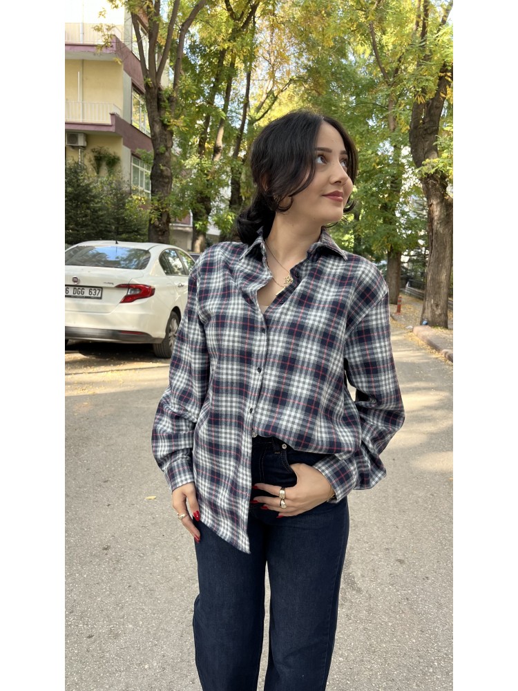 Premium Kalite Lacivert Ekose Desenli Oduncu Gömlek