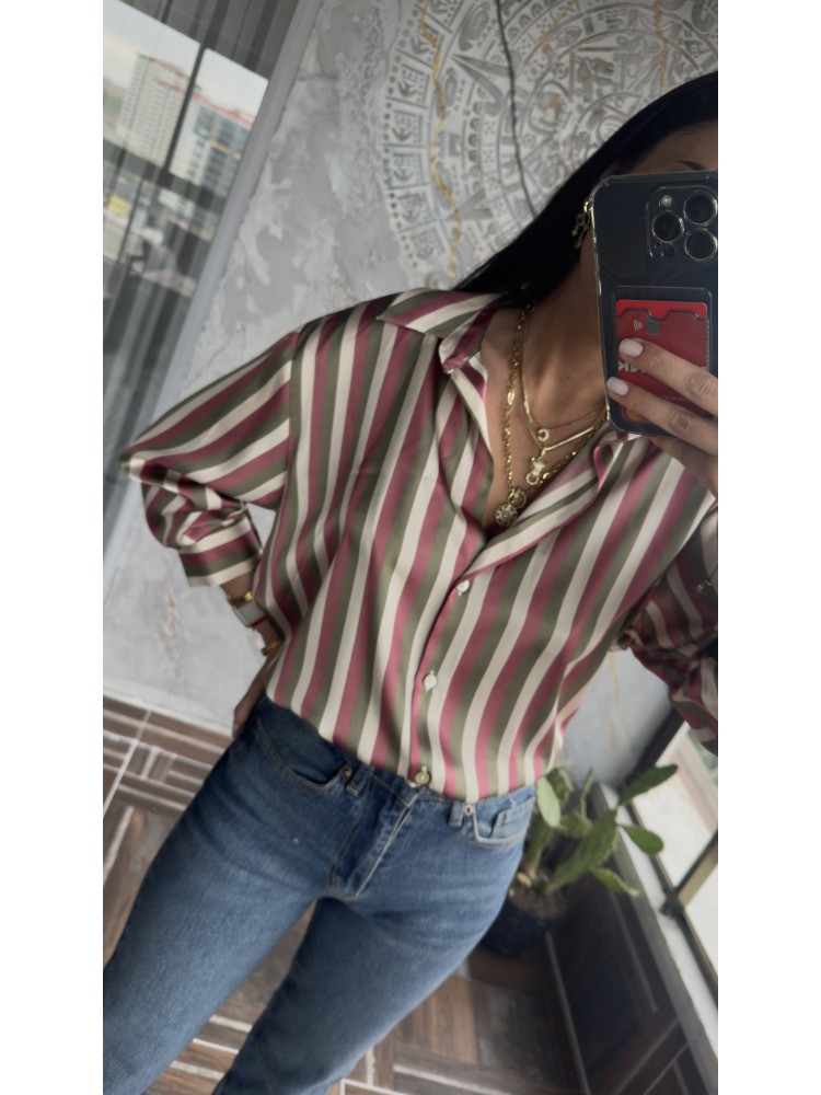 Pervin Çelik Kadın Premium Kalite Zara  Saten Çizgili Gömlek