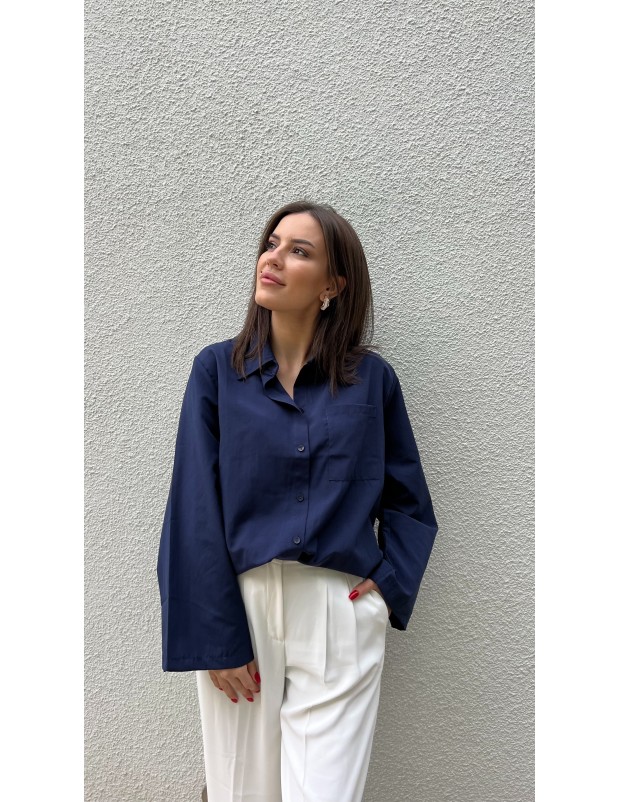 Lacivert Kol Detaylı Salaş Kalıp Tasarım Gömlek