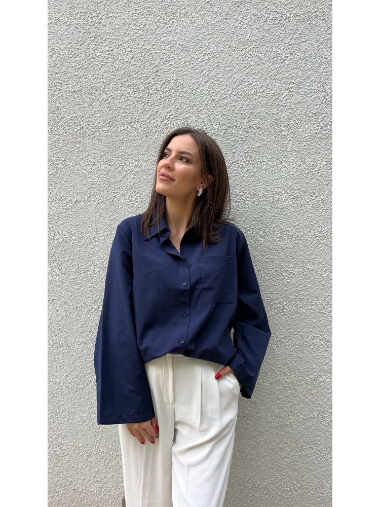 Lacivert Kol Detaylı Salaş Kalıp Tasarım Gömlek