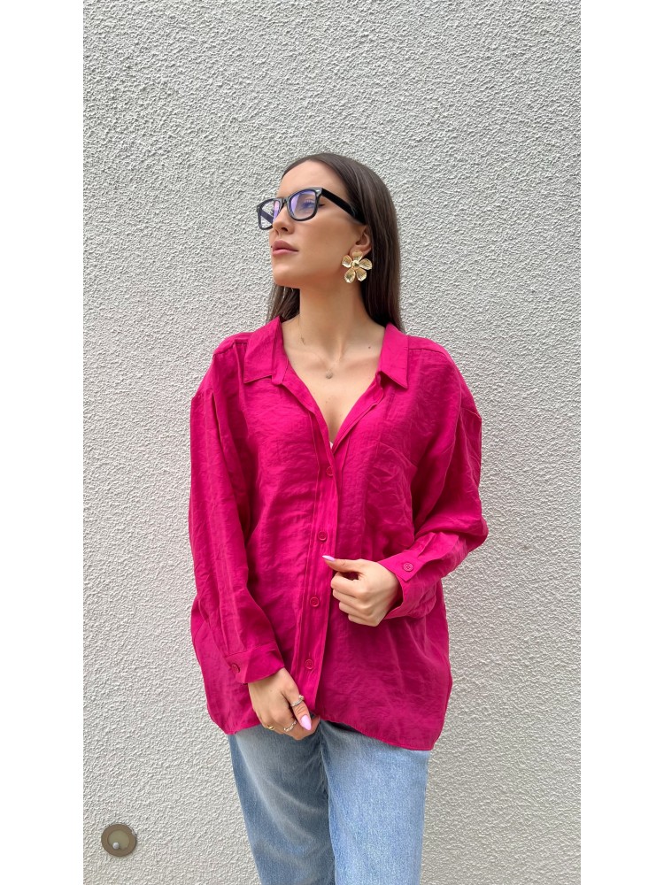 Pervin Çelik Kadın Premium Kalite Açık Yaka Fuşya Oversize Gömlek
