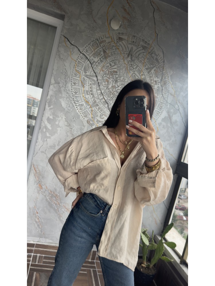 Pervin Çelik Kadın Premium Kalite Açık Yaka Taş Oversize Gömlek