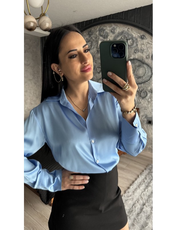 Pervin Çelik Kadın Premium Kalite Bebe Mavisi Açık Yaka Saten Gömlek