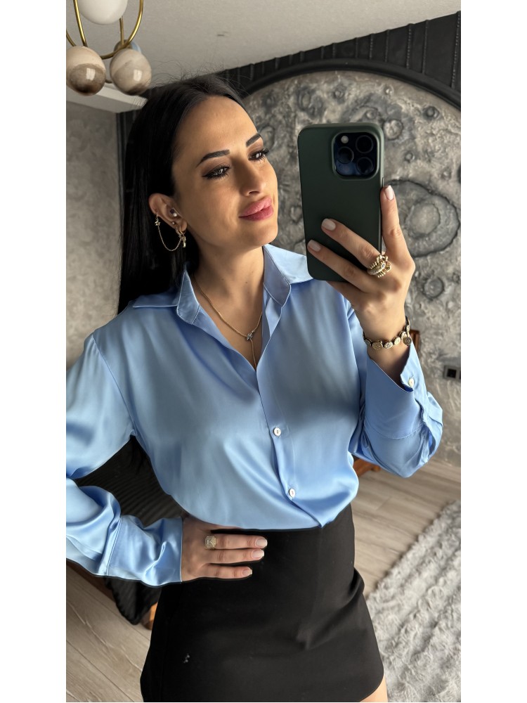 Pervin Çelik Kadın Premium Kalite Bebe Mavisi Açık Yaka Saten Gömlek