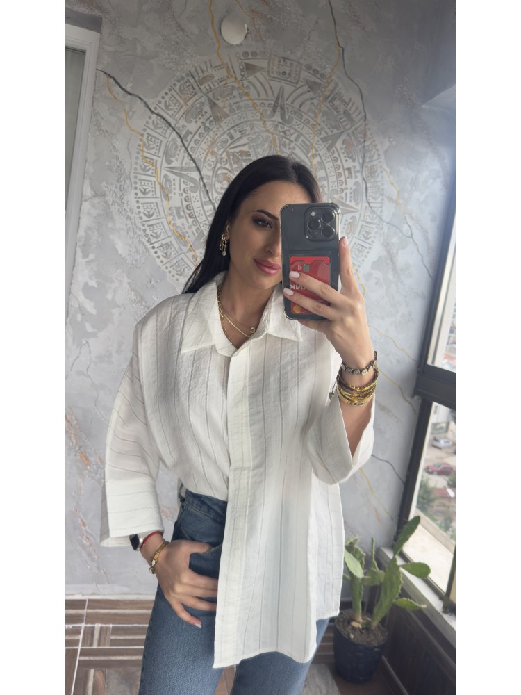 Pervin Çelik Kadın Premium Kalite Beyaz Çizgili Oversize Yarasa Kol Gömlek