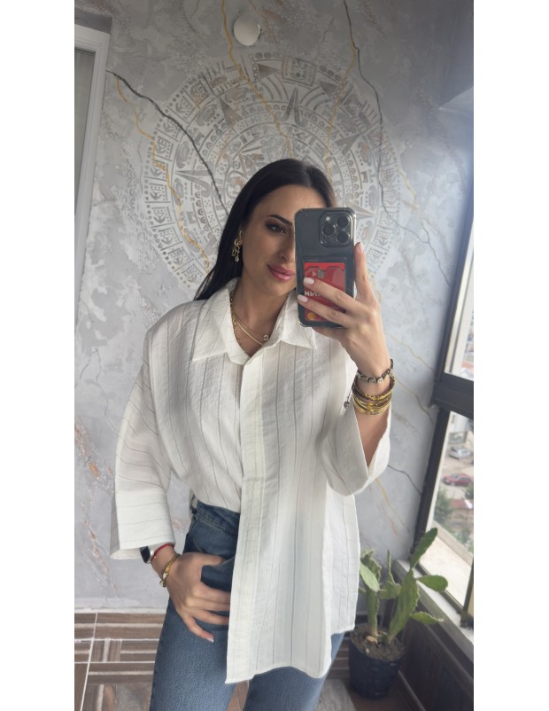 Pervin Çelik Kadın Premium Kalite Beyaz Çizgili Oversize Yarasa Kol Gömlek