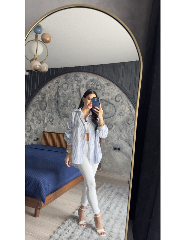 Pervin Çelik Kadın Premium Kalite Beyaz Mavi Çizgili Yumuşak Dokulu Gömlek