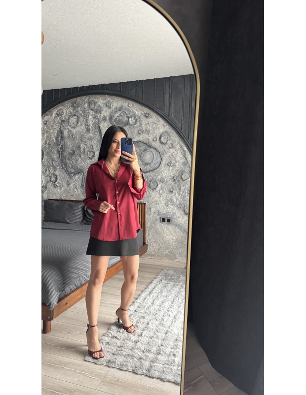 Pervin Çelik Kadın Premium Kalite Bordo Açık Yaka Saten Gömlek