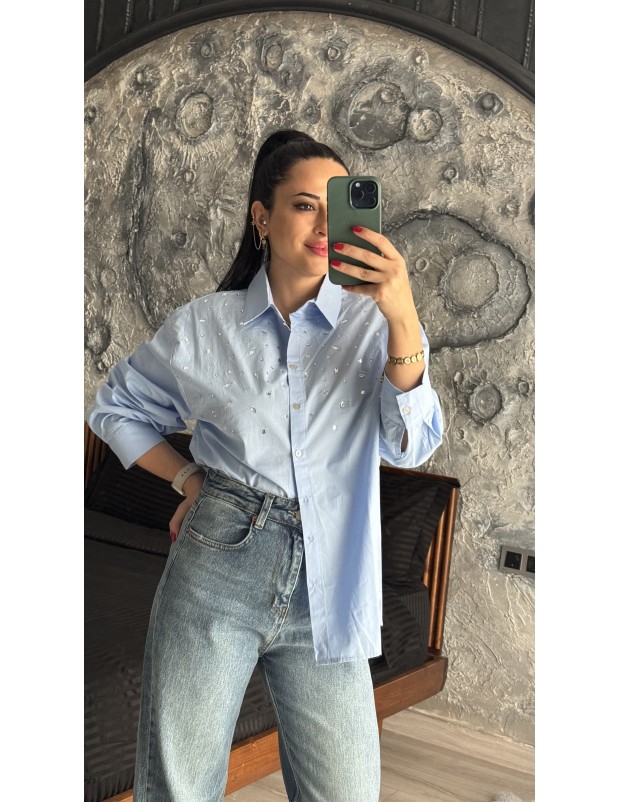 Pervin Çelik Kadın Premium Kalite Mavi Taş Detaylı Poplin Gömlek