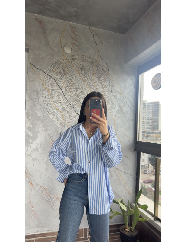 Pervin Çelik Kadın Premium Kalite Mavi Taşlı Çizgili Gömlek