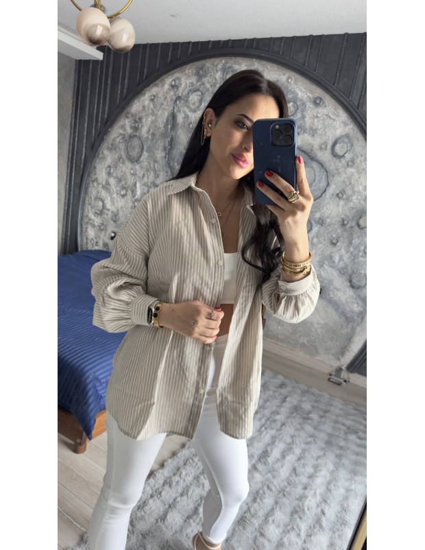 Pervin Çelik Kadın Premium Kalite Vizon Beyaz Çizgili Yumuşak Dokulu Gömlek