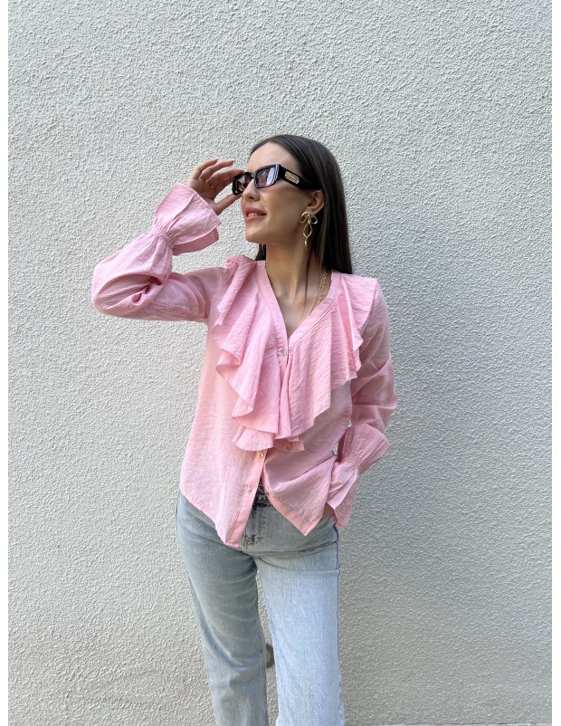 Pervin Çelik Premium Kalite Pembe Volanlı Uzun Kollu Gömlek