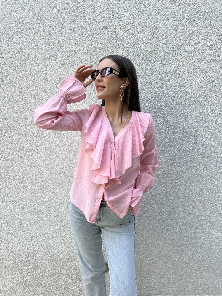 Pervin Çelik Premium Kalite Pembe Volanlı Uzun Kollu Gömlek