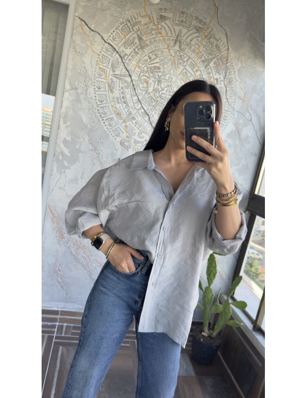 Premium Kalite Açık Yaka Gri Oversize Gömlek