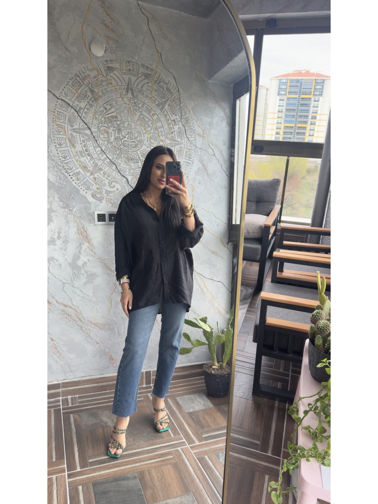 Premium Kalite Açık Yaka Siyah Oversize Gömlek