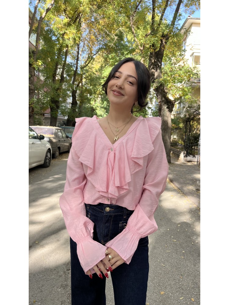 Premium Kalite Pembe Volanlı Yaka Gömlek