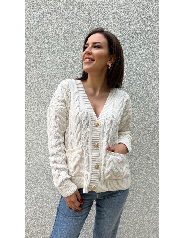 Beyaz Vintage Düğme Detaylı Örgü Triko Hırka