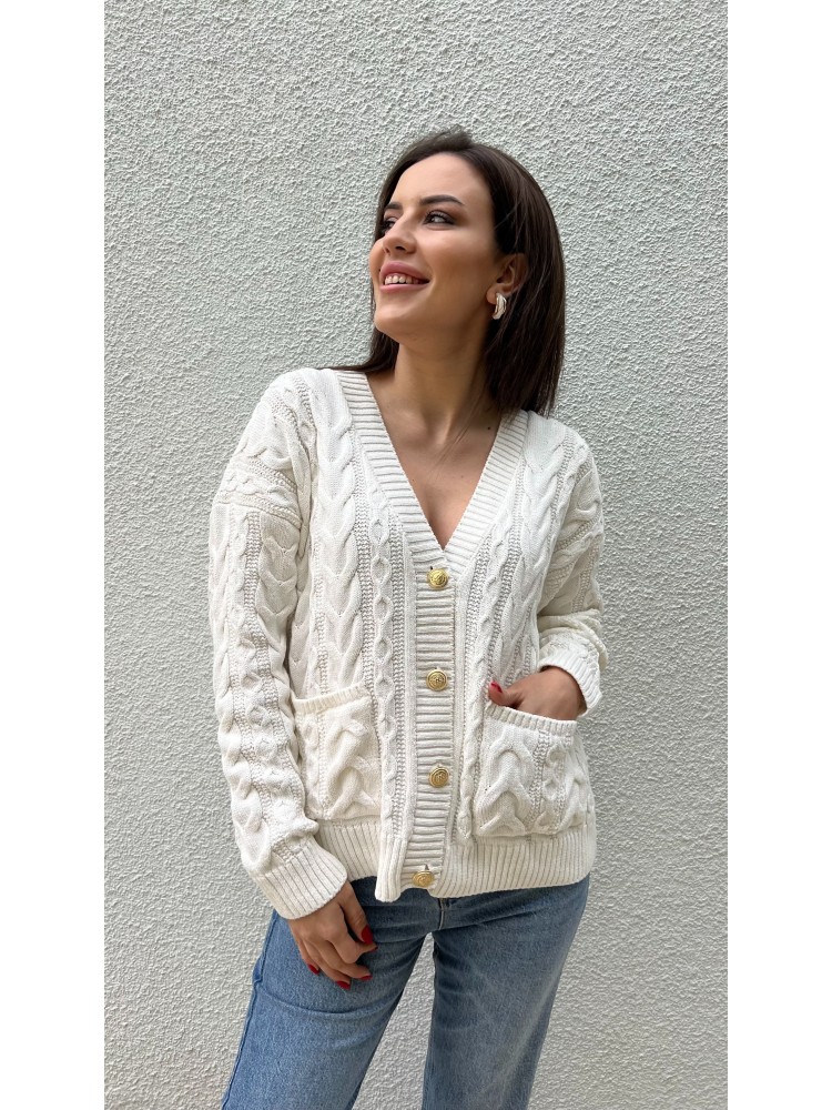 Beyaz Vintage Düğme Detaylı Örgü Triko Hırka