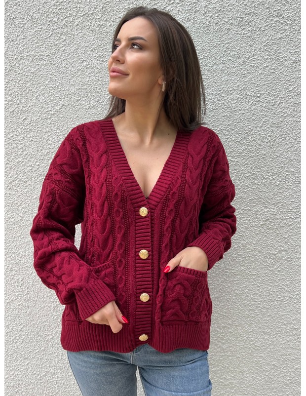 Bordo Vintage Düğme Detaylı Örgü Triko Hırka