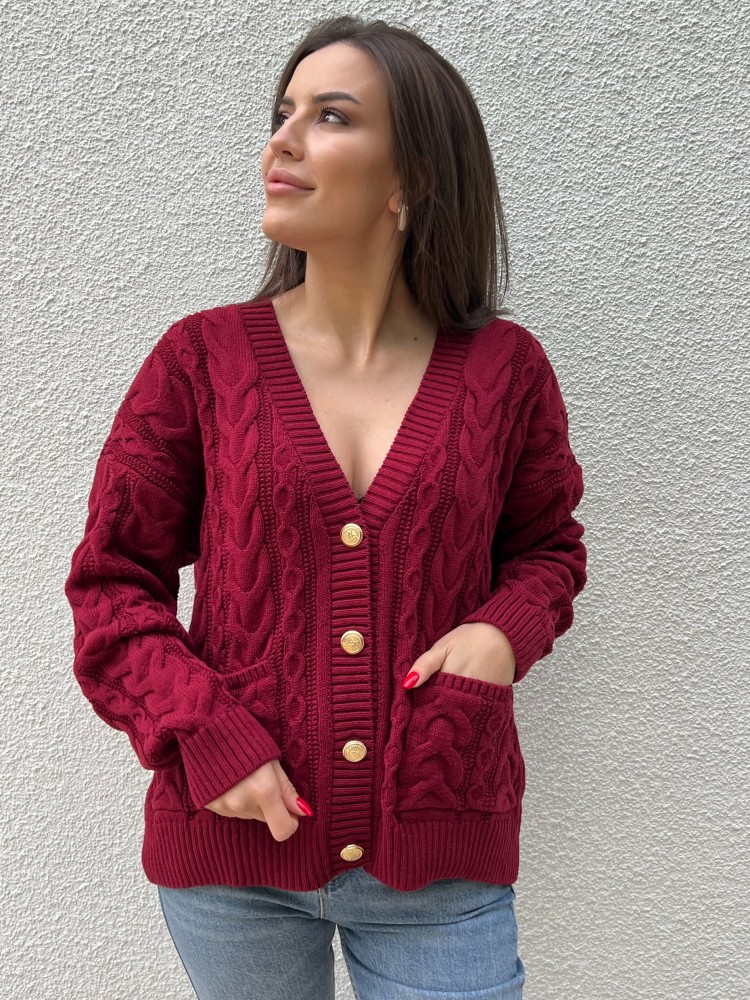 Bordo Vintage Düğme Detaylı Örgü Triko Hırka