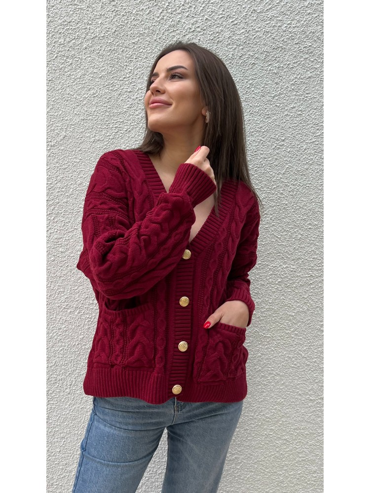 Bordo Vintage Düğme Detaylı Örgü Triko Hırka