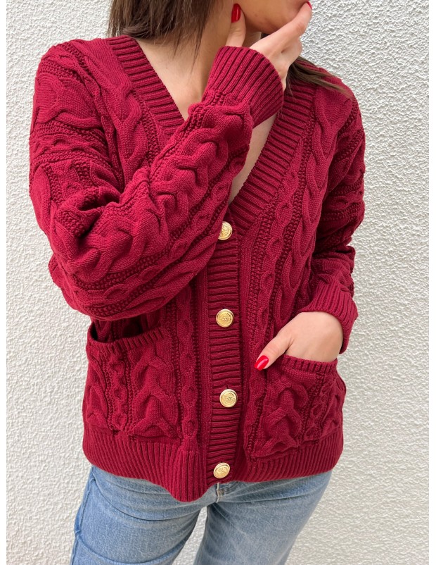 Bordo Vintage Düğme Detaylı Örgü Triko Hırka