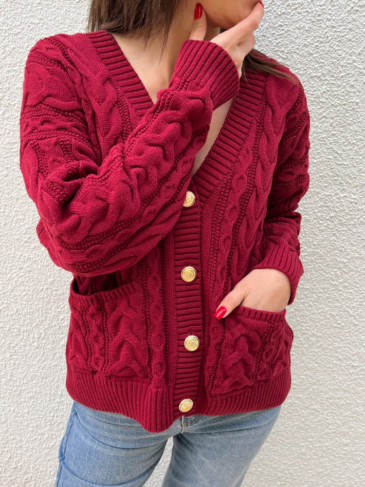 Bordo Vintage Düğme Detaylı Örgü Triko Hırka