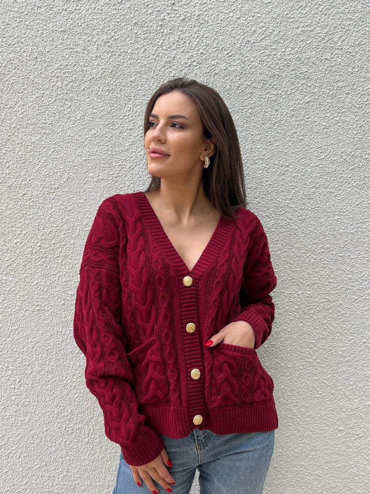 Bordo Vintage Düğme Detaylı Örgü Triko Hırka