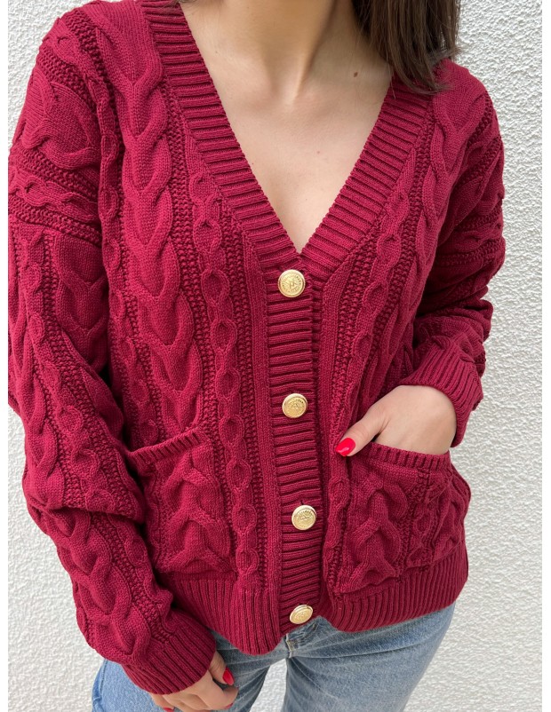 Bordo Vintage Düğme Detaylı Örgü Triko Hırka