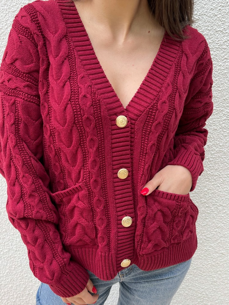 Bordo Vintage Düğme Detaylı Örgü Triko Hırka