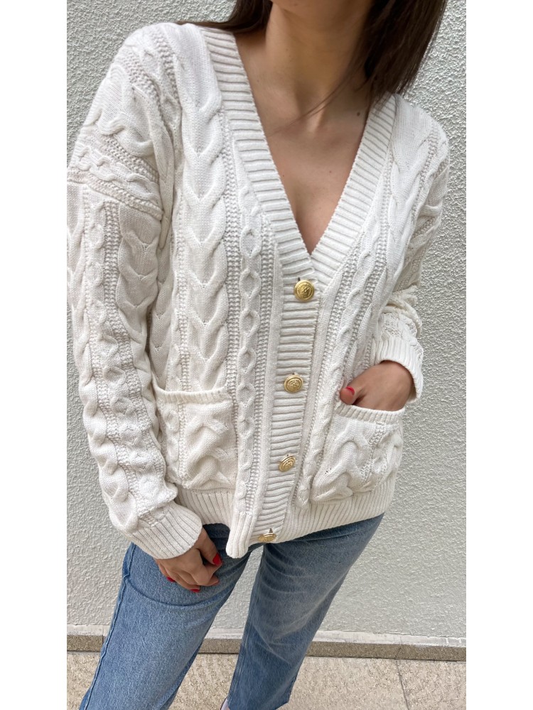 Beyaz Vintage Düğme Detaylı Örgü Triko Hırka