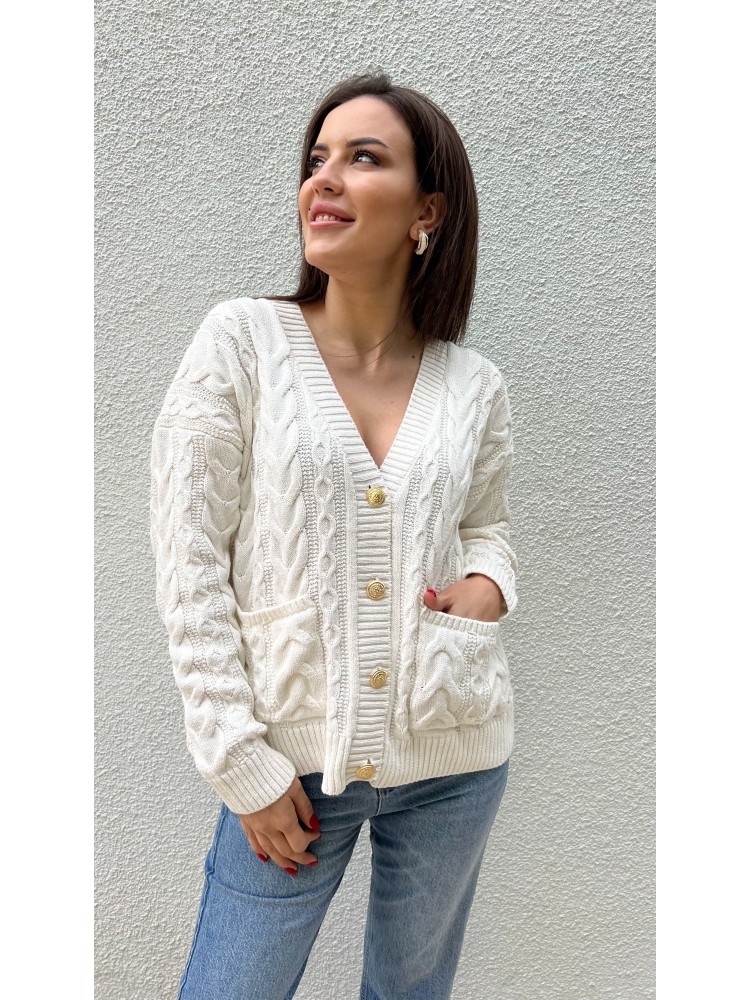 Beyaz Vintage Düğme Detaylı Örgü Triko Hırka