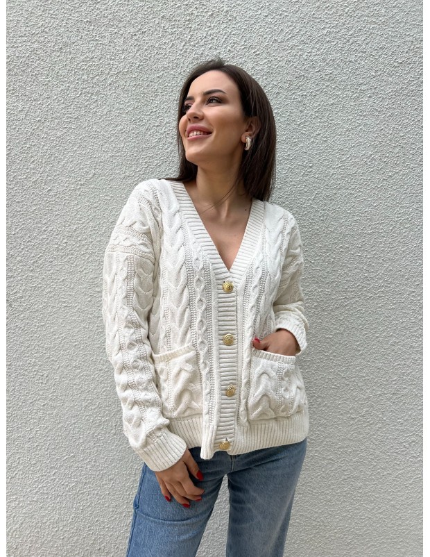 Beyaz Vintage Düğme Detaylı Örgü Triko Hırka