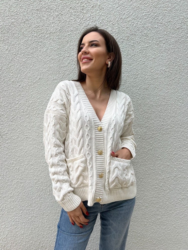 Beyaz Vintage Düğme Detaylı Örgü Triko Hırka