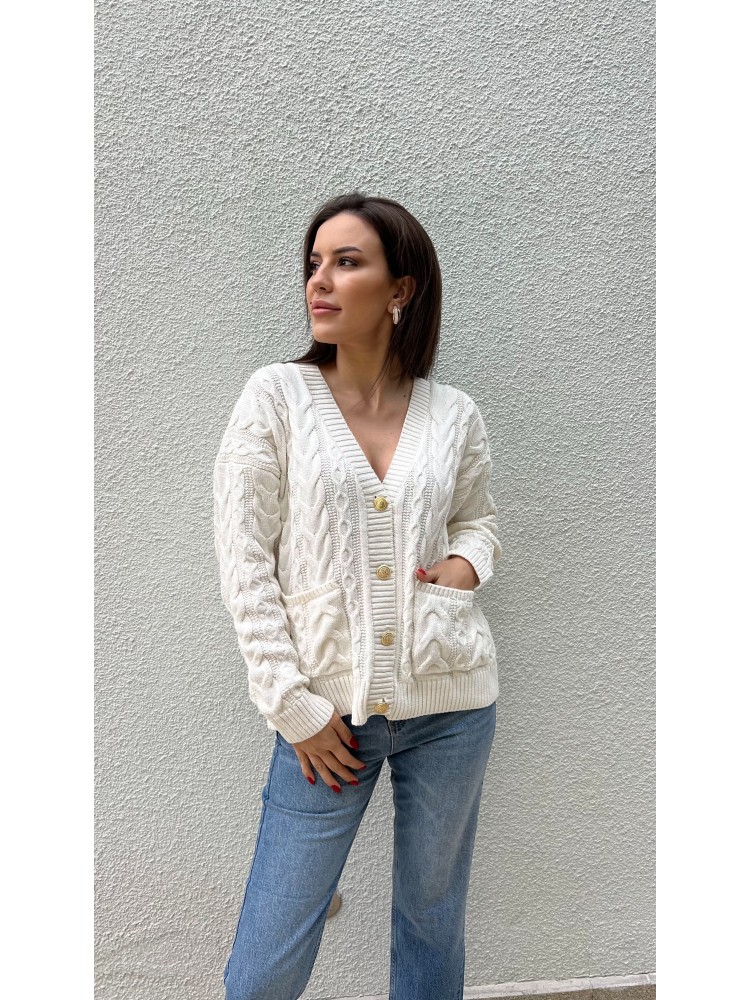 Beyaz Vintage Düğme Detaylı Örgü Triko Hırka