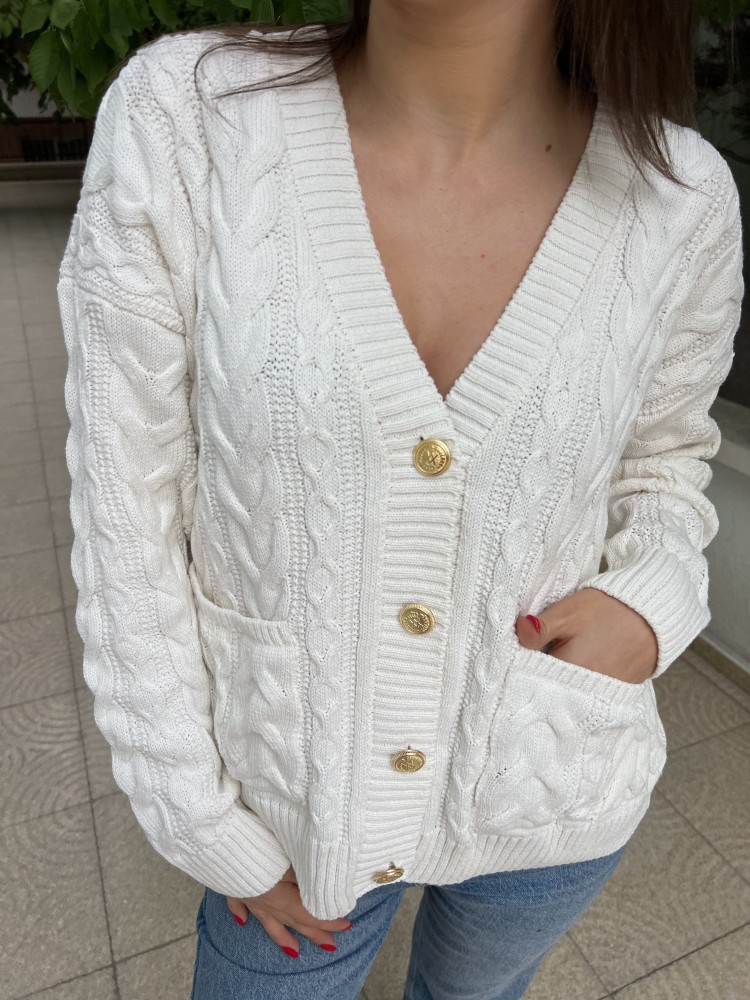 Beyaz Vintage Düğme Detaylı Örgü Triko Hırka