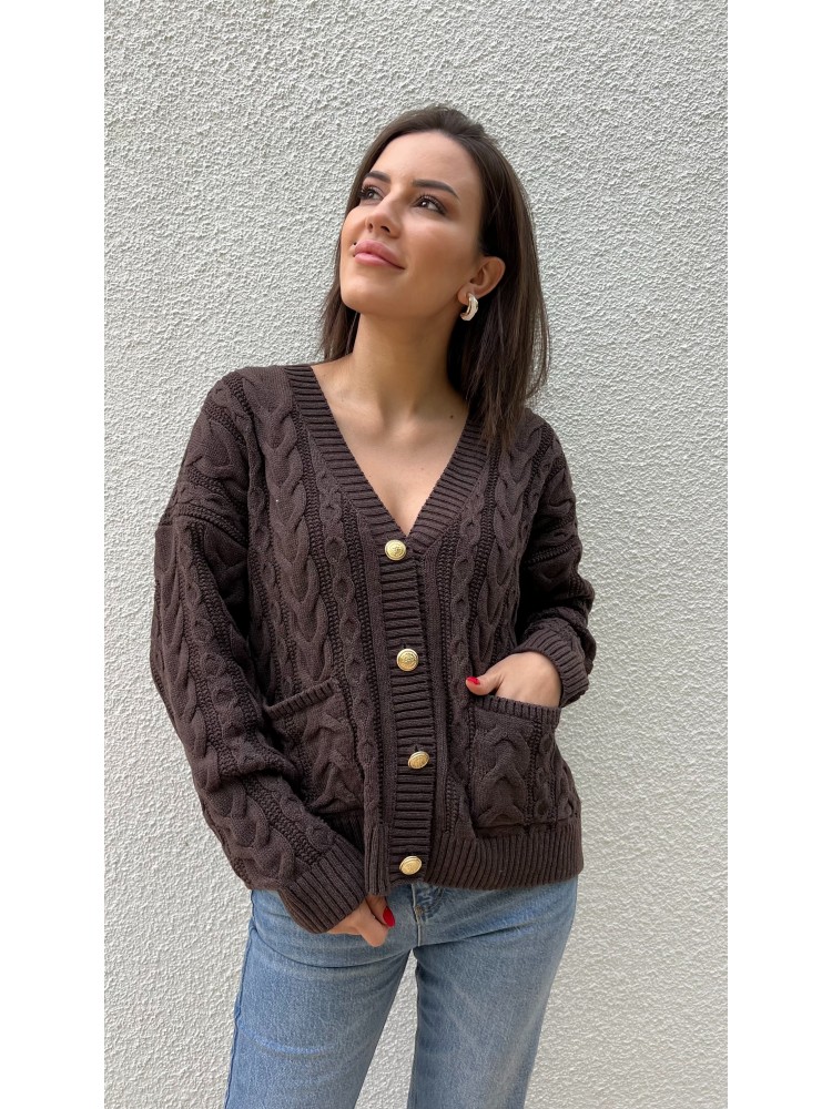 Kahverengi Vintage Düğme Detaylı Örgü Triko Hırka