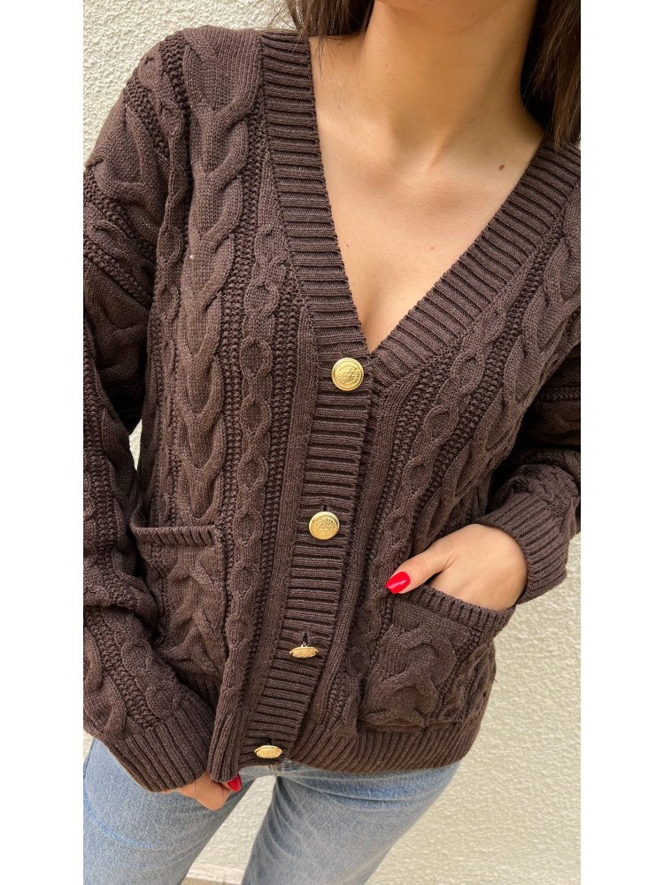 Kahverengi Vintage Düğme Detaylı Örgü Triko Hırka