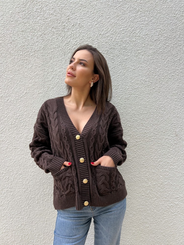 Kahverengi Vintage Düğme Detaylı Örgü Triko Hırka