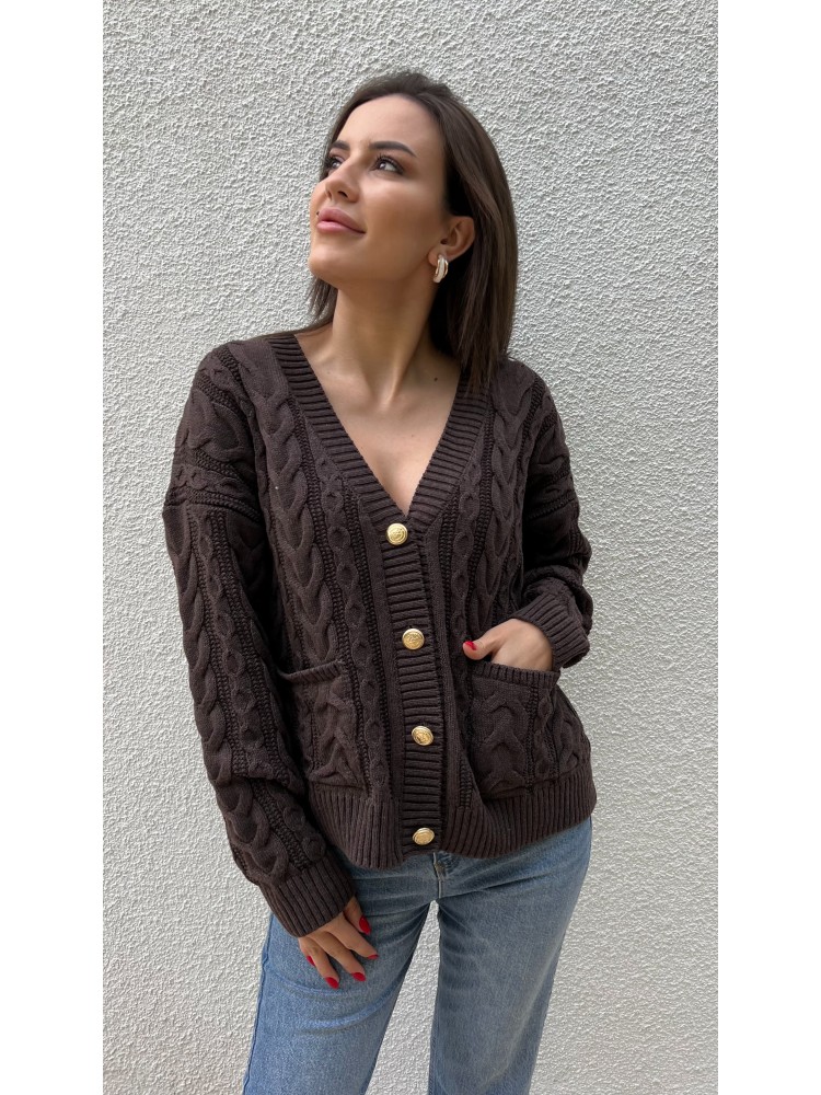 Kahverengi Vintage Düğme Detaylı Örgü Triko Hırka